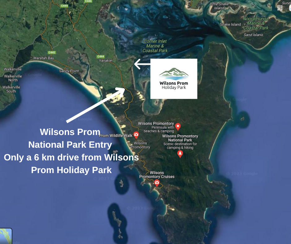 Map showing proximity of Wilsons prom Holiday Park to Wilsons Promontory National Park