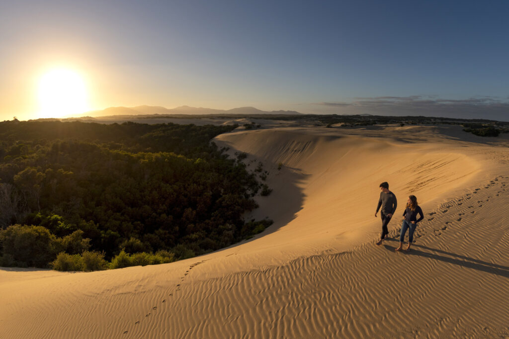 Two people walking at sunset on sand dunes